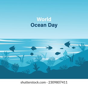  World oceans day design with underwater ocean, shark, coral, sea plants, stingray and turtle. 8 June world ocean day banner, poster, card. Vector illustration.
