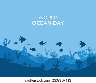  World oceans day design with underwater ocean, shark, coral, sea plants, stingray and turtle. 8 June world ocean day banner, poster, card. Vector illustration.
