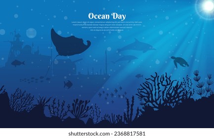 World oceans day design with underwater ocean, dolphin, shark, coral, sea plants, stingray and turtle. Let's save our oceans. 