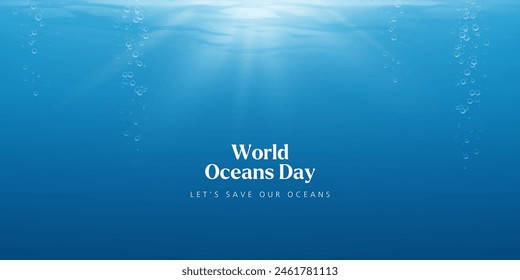 World oceans day design with underwater ocean, shark, coral, sea plants, stingray and turtle. 8 June world ocean day banner, poster, card. Vector illustration.