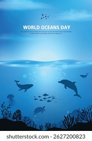 Projeto do Dia Mundial dos Oceanos com oceano subaquático, tubarão, coral, plantas marinhas, arraia e tartaruga. 8 de junho banner do dia mundial do oceano, cartaz, cartão. Ilustração vetorial.