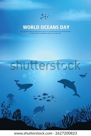 World oceans day design with underwater ocean, shark, coral, sea plants, stingray and turtle. 8 June world ocean day banner, poster, card. Vector illustration.