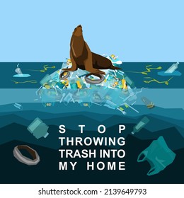 World oceans day, World Environment Day, Earth day, World Maritime Day concept vector illustration. Stop plastic pollution. Keep the oceans clean. Save the marine life. Stop creating trash mutants