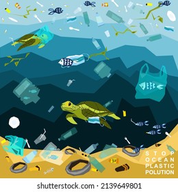 World Oceans Day, World Environment Day, Earth Day, World Maritime Day Concept Vector Illustration. Stop Plastic Pollution. Keep The Oceans Clean. Save The Marine Life. Stop Creating Trash Mutants