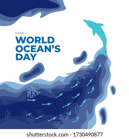 world ocean's day flat paper art style illustration with fish and beautifull coral