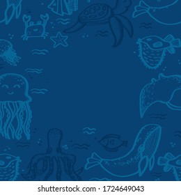 World Oceans day frame with ocean animals isolated. Lettering hand drawn text. Design template, badge, icon, card, banner. Greeting card for Ocean day celebration. Vector outline illustration.