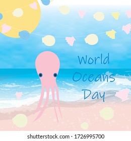 World Oceans Day greeting card or banner in vector. Underwater illustration, marine background. Ecological poster.