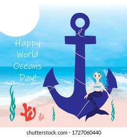 World Oceans Day greeting card or banner in vector. Underwater illustration, marine background.Ecological poster.