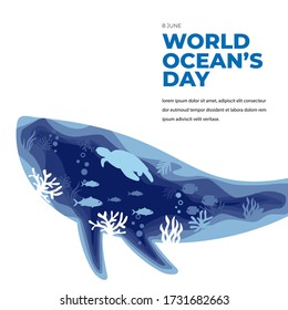 world ocean's day greeting card with whale and turtle in paper art style