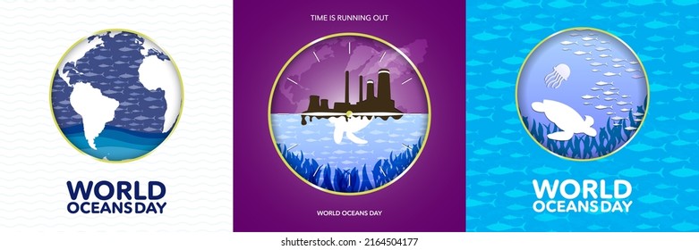 World Oceans Day Greeting Card template set. Celebrated June 8
World ocean's day paper art with fish, ocean, turtle, seaweeds. Awareness against water pollution. Vector Illustration. Factory pollution
