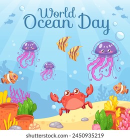 World Oceans Day Greeting Card. Seafloor, coral reefs, crab, jellyfish, clown fish and scalaria. Vector illustration for June 8