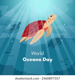 In: World Oceans Day. Grußkarte, Banner, Social Media Post Vorlage. Meereshintergrund mit ​​Schildkröte. 