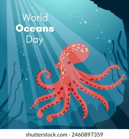 World Oceans Day. Greeting card, banner, social media post template. Sea background with octopus. 