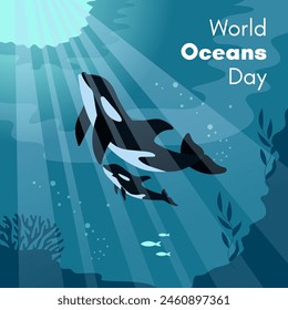 Día Mundial de los Océanos. Tarjeta de felicitación, Anuncio, medios sociales post Plantilla. Fondo del mar con la ballena asesina con un cachorro. 