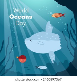 World Oceans Day. Greeting card, banner, social media post template. Sea background with sun fish, fugu fish. 