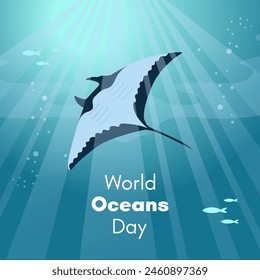 World Oceans Day. Greeting card, banner, social media post template. Sea background with manta ray. 