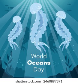 World Oceans Day. Greeting card, banner, social media post template. Sea background with jellyfish. 