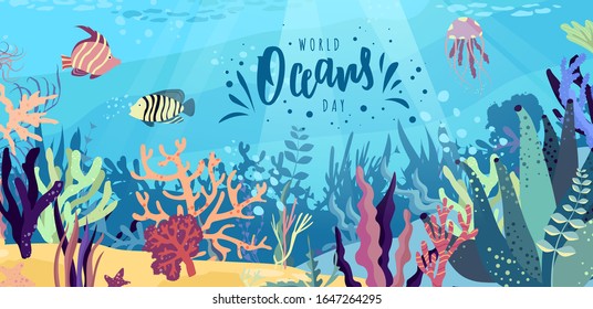 World Oceans day hand lettering text. Typography for logo, badge, icon, card, invitation and banner template. Greeting card for Ocean day celebration. Vector illustration.