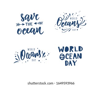 World Oceans day hand lettering text. Typography for logo, badge, icon, card, invitation and banner template. Greeting card for Ocean day celebration. Vector illustration.