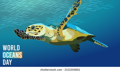 World oceans day. Happy World Oceans Day 2022. June 8th. Sea turtle vector illustration. Perfect for banner, backdrop, wallpaper, flyer, brochure, poster, background, campaign.