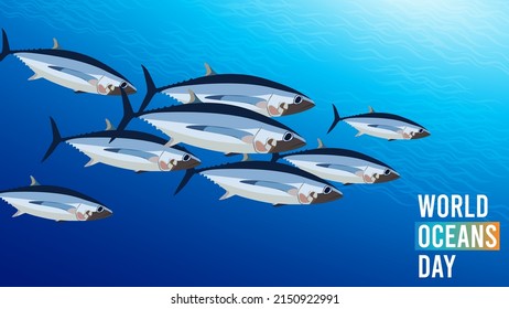 World oceans day. Happy World Ocean Day 2022. June 8th. Fish School silhouette illustration. Vector illustration. Perfect for banner, backdrop, wallpaper, flyer, brochure, poster, background, campaign