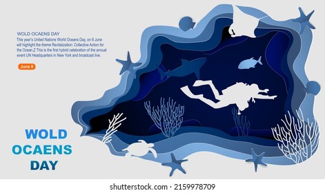 World oceans day to help protect and conserve world oceans.Vector paper cut style.