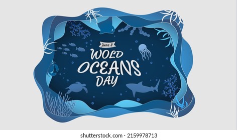World oceans day to help protect and conserve world oceans.Vector paper cut style.