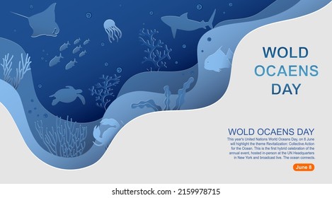 World oceans day to help protect and conserve world oceans.Vector paper cut style.