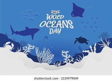 World oceans day to help protect and conserve world oceans.Vector paper cut style.