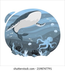 World oceans day to help protect and conserve world oceans. Big whale, octopus, fishes illustration vector flat style. Oceans life, marine life, sea lifestyle.