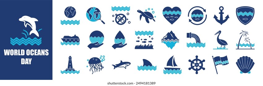 World Oceans Day icon collection set. Containing design,sea, background, blue, vector, water,and more. Solid vector icons collection.	
