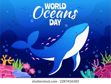 World Oceans Day Illustration to Help Protect and Conserve Ocean, fish, Ecosystem or Sea Plants in Flat Cartoon Hand Drawn for Landing Page Templates