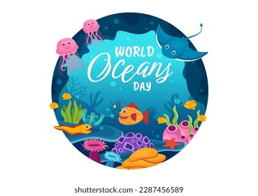 Ilustración del Día Mundial de los Océanos para ayudar a proteger y conservar las plantas oceánicas, de pescado, de ecosistemas o marinas en mano de caricatura plana dibujada para plantillas de páginas de aterrizaje