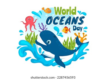 World Oceans Day Illustration to Help Protect and Conserve Ocean, fish, Ecosystem or Sea Plants in Flat Cartoon Hand Drawn for Landing Page Templates