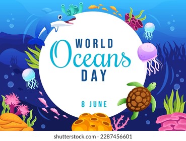 World Oceans Day Illustration to Help Protect and Conserve Ocean, fish, Ecosystem or Sea Plants in Flat Cartoon Hand Drawn for Landing Page Templates