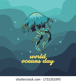World oceans day with illustration vector jellyfish for celebration