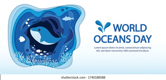 World Oceans Day Infographic, Vector Illustration With Blue Sea Wave, Fishes And Place For Text