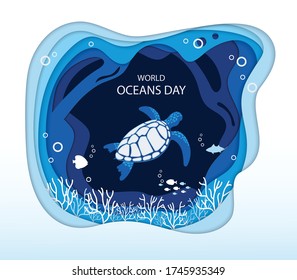 World Oceans Day Infographic, vector illustration with blue sea wave and sea turtle 