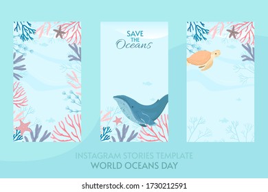 World Oceans Day instagram stories template. Vector illustration. Help protect, and conserve world oceans, water, ecosystem.