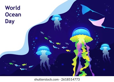 World Oceans Day. Jellyfish. Underwater world. Template for presentation, banner, poster. EPS 10