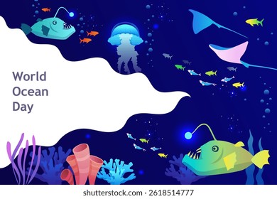 World Oceans Day. Jellyfish. Underwater world. Template for presentation, banner, poster. Space for text. EPS 10