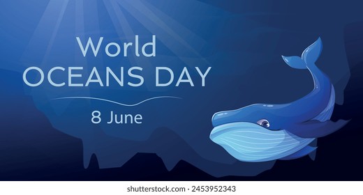 World Oceans Day, June 8. Vector cartoon horizontal banner, against the background of the dark underwater depths of the sea, a funny huge blue whale.