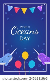 World oceans day. June 8. Celebrate. Underwater ocean background. Dolphin, jellyfish, algae. Poster, banner, template. Save ocean. Vector illustration. 