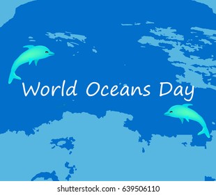 World Oceans Day. June 8. Dolphins on the background of the ocean. Vector illustration