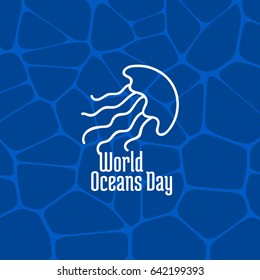 World Oceans Day, June 8. Promoting card with hand drawn doodle, vector line illustration. Jellyfish on a dark blue background