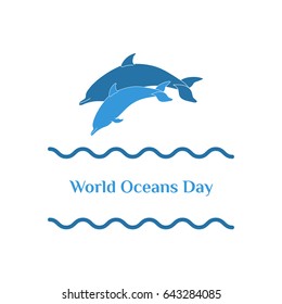 World Oceans Day - June 8. Vector illustration of two dolphins