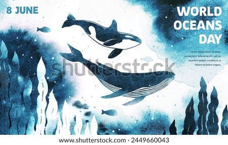 World oceans day. June 8. Watercolor vector killer whale and humpback under the sea. Marine underwater life. Ecology conservation. Template for flyer, list, ad, cover, banner, invitation