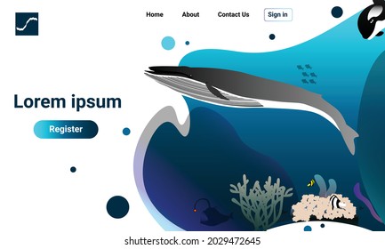 World Oceans Day Landing Page Template With Sea Animals, blue and white background