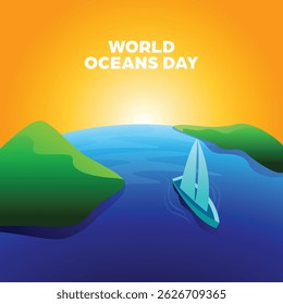 World Oceans Day Landscape Vector Square Banner with Sailboat and Sunrise Scene - Background for social media posts, campaigns or advertisements about the sea and environment