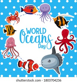 Logo o cartel del Día Mundial del Océano con diferentes ilustraciones de animales marinos